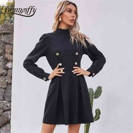 Mock Neck Double Breasted High Waist Solid Mini Dresses Women Vintage Long Sleeve Office Lady Elegant A-Line Dress 210510