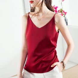 Korean Silk Women Tops Woman Satin Blouses Top Sleeveless Blouse Shirts White Plus Size V Neck Basic Shirt XXL 210427