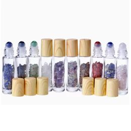 10 ml Clear Glass Roll On The Perfume Bottle With Natural Crystal Quartz Stone Crystals Ball Wood Grain Cover Essential Oil Bottle