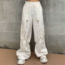 QWEEK Harajuku Gothic White Cargo Pants With Chain Women Mall Goth Hippie Moda Punk Loose Baggy Oversize Korean Style Trousers 211112