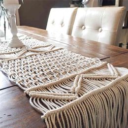 35X220cm Bohemian Crochet Hollow Table Runner With Tassels For Banquet Wedding Party Cover Nordic cloth Decoration 210709