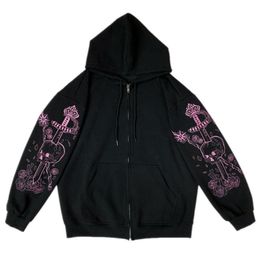 Women's Hoodies & Sweatshirts Female Loose Black Zip Up Hoodie With Pink Skull Embroidered Print Long-sleeves Workout Clothes For Student G3