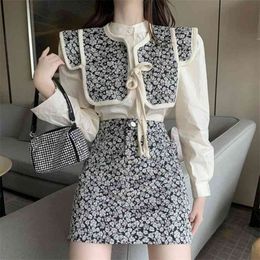 Autumn Fashion Three Piece Set For Women Outfits Long Sleeve Shirt Floral Lady Mini Skirt Chic Korean Suit Add Shawl 210514