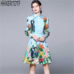 spring Fashion casual women Flowers and birds l Print Green Dress Bohemian Long Sleeve Boho Party 210531