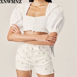 top High quality autumn square collar embroidery lace hubble-bubble sleeve short paragraph small white shirt 210520