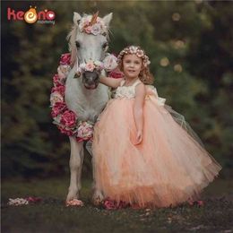 Handmade Fairy Peach Flower Wedding Tutu Princess Kids Ball Gown for Girls Pageant Party Clothes Tulle Dress 210331