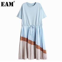 [EAM] Women Black Big Size Blue Pleated Strap Dress Round Neck Short Sleeve Loose Fit Fashion Spring Summer 1DD6788 21512