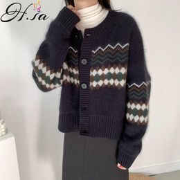 H.SA Women Casual Cardiganss Long Sleeve Soft Warm Ladies Knitted Jumper Tops Argyle Vintage Cardigan Sweater Female 210417