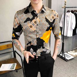 Fashion Digital Print Half Sleeve Floral Shirts For Men Clothing Simple Slim Fit Casual Club Prom Tuxedo Blouse Homme Plus Size 210410