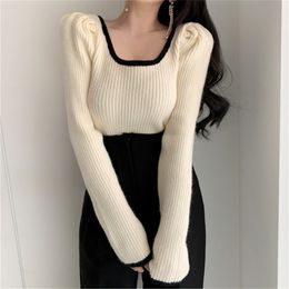 Spring Autumn Fashion Long Sleeve French Style Vintage Soft Square Collar Leaky Collarbone Knitted Sweater Pullover 210514