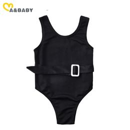 6m-5Y Summer Children Kid Girls Swimsuit Black Swimwear With Belt Solid Colour Beachwear Bathing Suit 210515