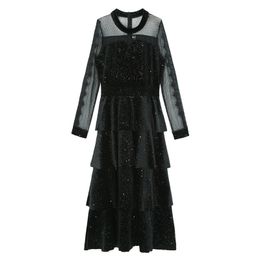 women black velvet patchwork sequined mesh evening party dresses long sleeve cascading ruffle midi dress D2215 210514