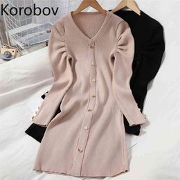 Korobov Korean Single Breasted Pullovers V Neck Puff Long Sleeve Knitted Dress Autumn Winter Office Lady Vintage Dresses Elegant 210430