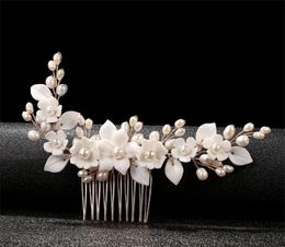 Wedding Bridal Pearls Hair Comb White Ceramic Flower Crown Tiara Headpiece Princess Crowns Tiaras Princess Korean Head Jewelry Combs Clips Sticks Jewelry Ornament