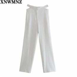 Ladies Fashion Waist Hollow Out White Pants Women Long Trousers Zipper Female Suit Office Lady Elegant trousers 210520