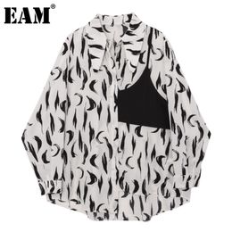 [EAM] Women Black White Irregular Print Blouse Lapel Long Sleeve Loose Fit Shirt Fashion Spring Autumn 1DD6895 21512