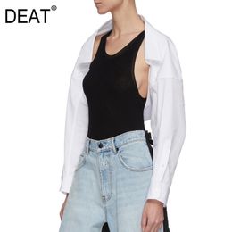 DEAT summer turn-down collar no buttons full sleeves half back length cotton white shirt female blouse 1Z826 210428