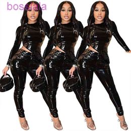 Women PU Leather Clothing Two Piece Pants Set 2022 New Style Round Neck Long Sleeve Irregular Tops And Trousers Ladies Suit