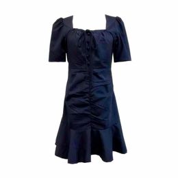 Slash Neck Short Sleeve Mini Dress Elegant Solid Summer Women Female Navy Lace-up Button Pleated D1968 210514