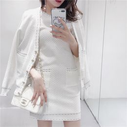 Autumn Women Knitted 2 Piece Single Breasted V Neck Cardigan+Short Sleeve Knitting Dress Ladies Pocket Jacket Set 210416