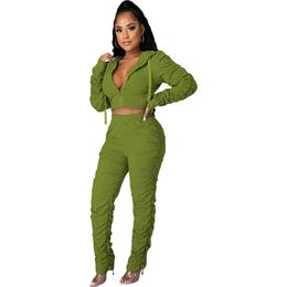 Stacked Pants Two Piece Set Winter Clothes Fitness Zipper Ruched Sleeve Hooded Crop Top with Stacked Leggings Tracksuit Women Y0625