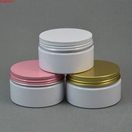50pc/lot 100ml White Plastic Cosmetic Jar Serum Bottle Pink Gold Aluminum Cap 3.5oz Refillable Hand Cream Case Metal Lidhigh qty