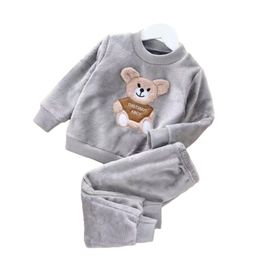 Autumn Winter Children's Clothing Cartoons Bear Baby Boy Girl Soft Jacket Top Long Pant Sets Thick Warm Flannel Fleece Kids Suit 211224