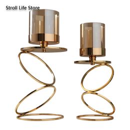 Nordic Metal Candlestick Geometric Glass Candle Holder Wind Lamp Windproof Candle Stand Wedding Home Decoration Ornaments FC481 210722