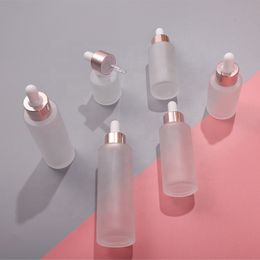 Newest Glass Dropper Bottles 20ml 30ml 40ml 50ml 80ml Frosted Essential Oil Bottle with Rose Gold Lids Pipette E Liquid Container