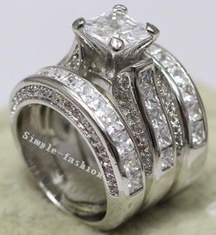 princess cut white gold ring UK - Wedding Rings Vecalon Women Fashion Jewelry Full Princess Cut 15ct 5A Zircon Cz Engagement Band Ring Set 14KT White Gold Filled
