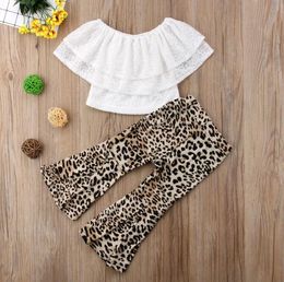 Toddler Baby Girl Clothing Sets Off Shoulder Lace Flower Ruffle Tops Leopard Print Long Pants 2Pcs Outfits