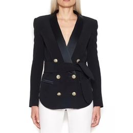 HIGH QUALITY est Designer Jacket Women's Elegant Double Breasted Lion Buttons Lacing Belt Blazer Outer Wear 211019