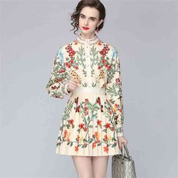 Runway Design Women 2 piece set Spring Flowers Embroidery Stand Collar Shirt + High Waist Pleated Mini Skirts Suit Female 210519