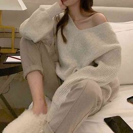 Women Sweater pullover Female knitting overszie sweaters Long Sleeve Girls Tops Loose Elegant Knitted thick sexy plus size 210417