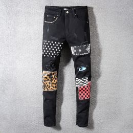 Fashion Tide brand Jeans black pasted cloth printed hole beggar pants men's slim fit Leggings men's