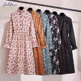 Women Korean Style Autumn Casual Dress Lady Long Sleeve Bow Shirt Dresses Female Vintage Dot Print Chiffon Elegant Midi Dress 210415