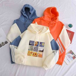 Van Gogh Oil Painting women hoodies oversized Pullover Thick Loose clothes Fleece Harajuku Contrast Color Sweatshirt Female 210909
