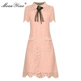 Fashion Runway dress Summer Women's Dress Crystal Diamond Bow Short sleeve Hollow Out Lace Slim Elegant Dresses 210524