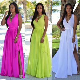 Summer Tunic Maxi Chiffon Dress Sleeveless High Split Woman Beach Dresses Elegant Long Party Ladies White Casual Sundress Women 210507