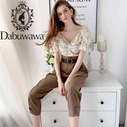 Dabuwawa Prairie Chic 2pcs Floral Print Blouse + Pants Women Puff Sleeve Knot Front Shirts and Trousers Set Female DT1BSA013 210520