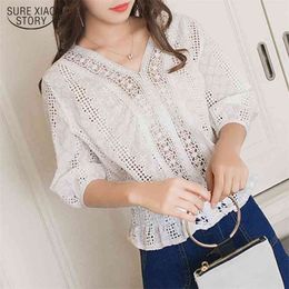 Korean Style Tops Solid Lace Blouse Women Blusas Mujer De Moda Summer Vintage Elegant Patchwork Clothes 9248 210506
