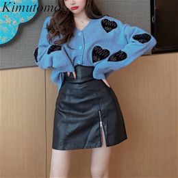 Kimutomo 2 Piece Sets Womens Outfits V-neck Heart Print Single Breasted Knitted Cardigans and Wild Bodycon Mini Skirts 210521