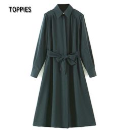 Toppies Casual Long Sleeve Shirt Dresses Women Clothes Elegant Ladies A-line Midi Dress Solid Colour vestidos mujer 210412