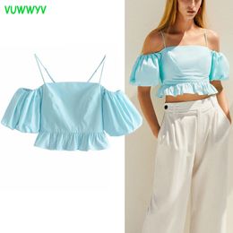VUWWYV Tops Woman Blue Ruffle Crop Women Summer Short Puff Sleeve Off Shoulder Blouse Female Retro Strap Tunics 210430