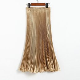 Qooth skirts Fashion High Waist Skirt Retro Accordion Pleated Skirt Metallic Pendulum Tail Skirts Womens QH1988 210518