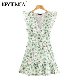 Women Sweet Fashion Floral Print Ruffled Mini Dress V Neck Sleeveless Side Zipper Female Dresses Vestidos 210420