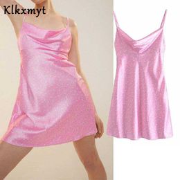 Klkxmyt Za Summer Dresses Pink Floral Mini Woman Satin Slip Backless Women Strap Sexy Club Night Short 210527