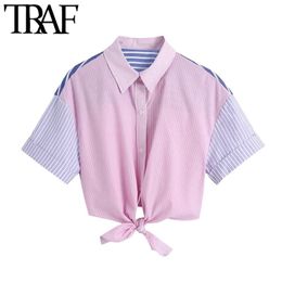 Women Fashion Patchwork Striped Loose Blouses Vintage Short Sleeve Button-up Knotted Hem Female Shirts Chic Tops 210507