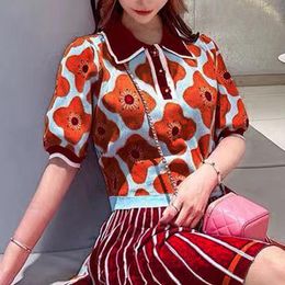 Women's T-Shirt Tops Puff Sleeve Sweater Nylon Comfortable To Wear Knit Colour Contrast Flower Viscose Spring/Summer French Retro