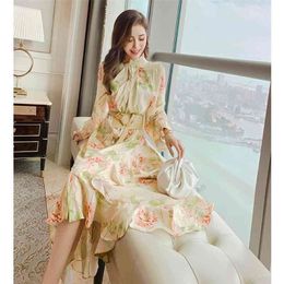 Palace printed dress autumn female western style ruffled irregular Office Lady Polyester 210416